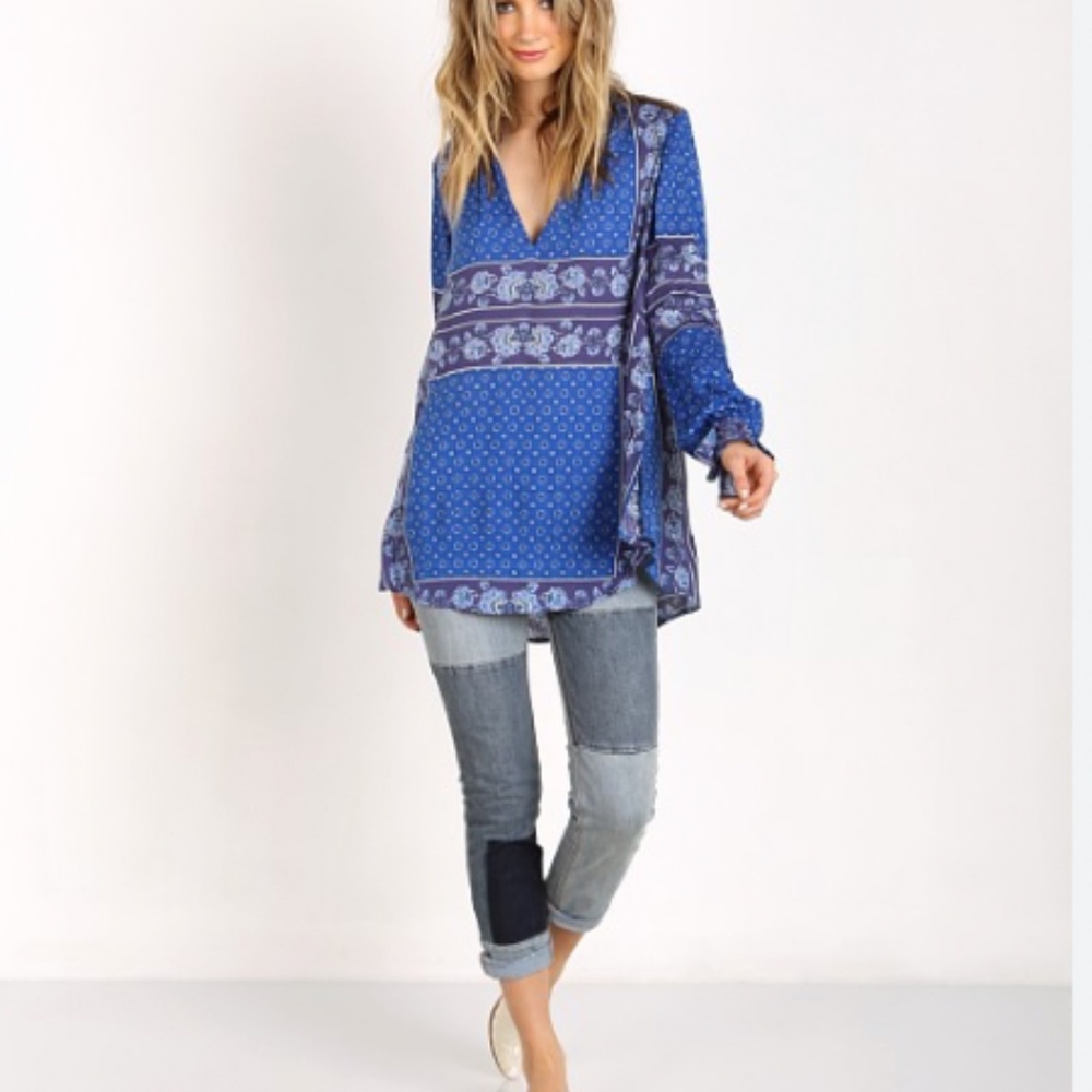 Free People Changing Times Tunic Womens Medium Blue Tea Combo Long Sleeve